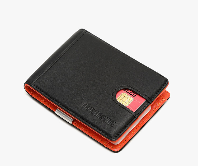 Men's Leather Money Clip Slim Wallet - Black