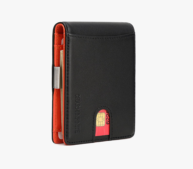 Men's Leather Money Clip Slim Wallet - Black