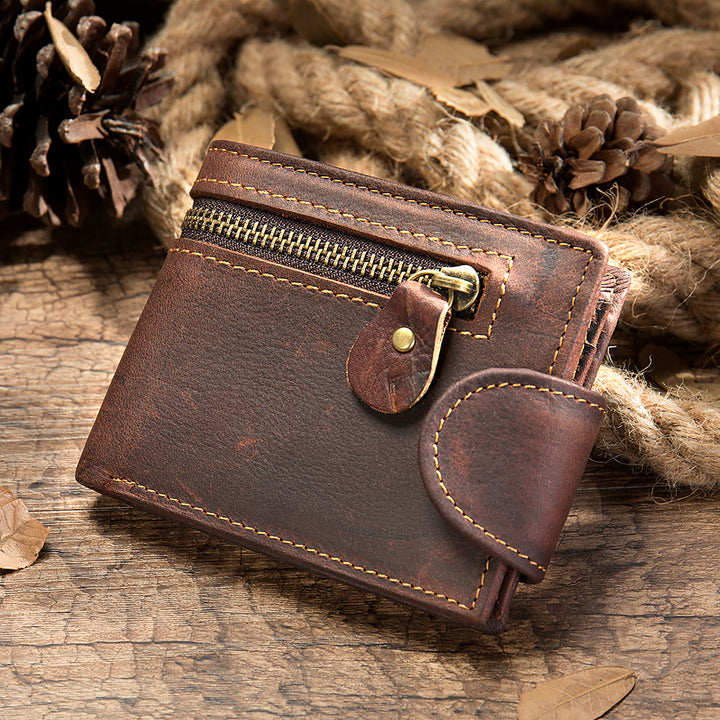 Men's Leather Zipper Wallet - Coffee