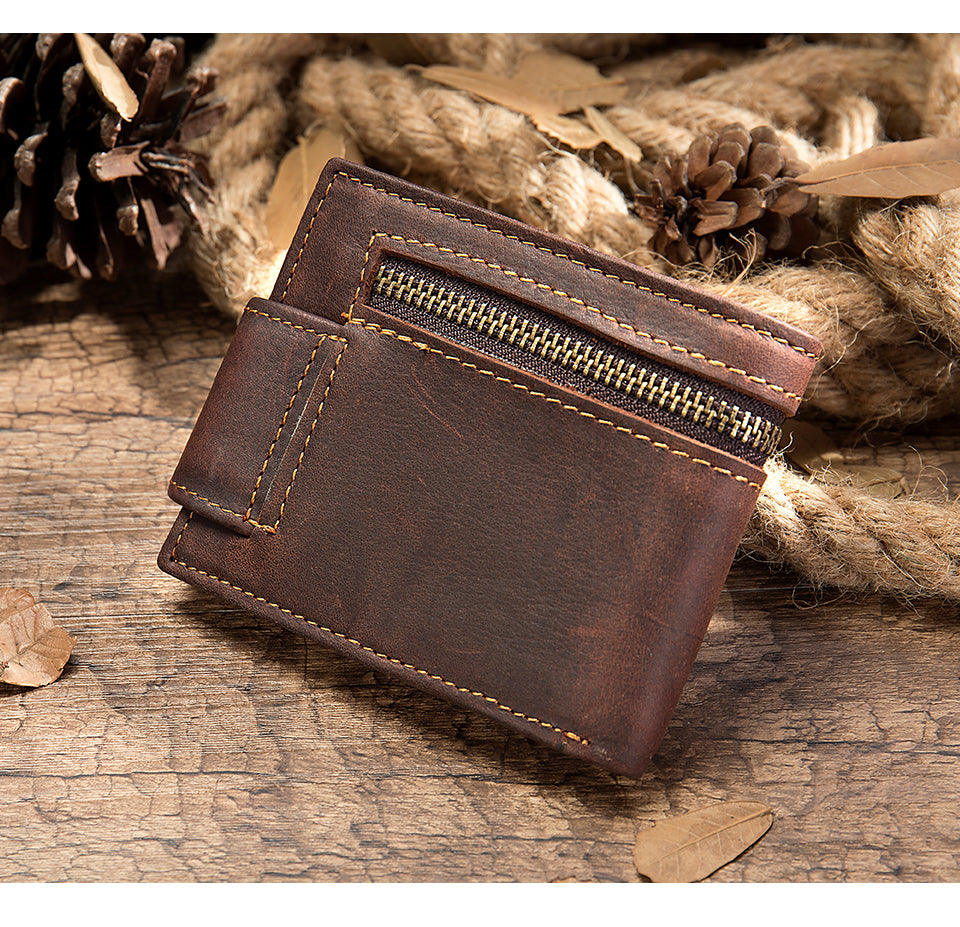 Men's Leather Zipper Wallet - Coffee