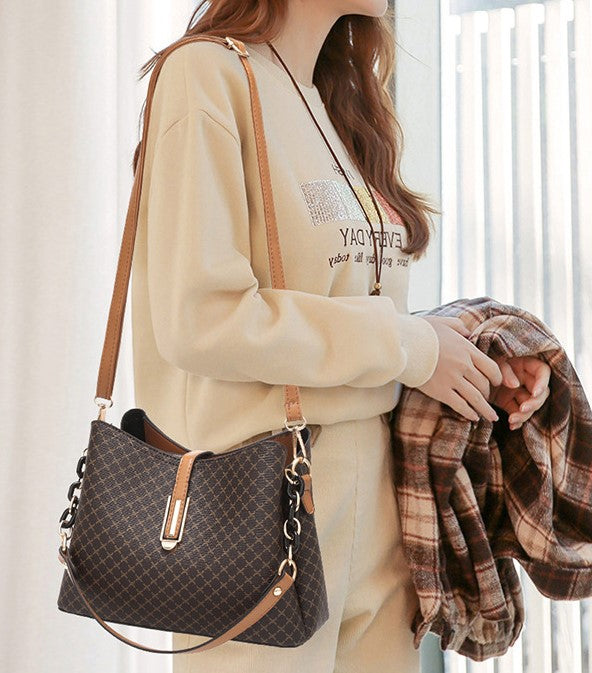 Checked Pattern Bucket Bag - Brown