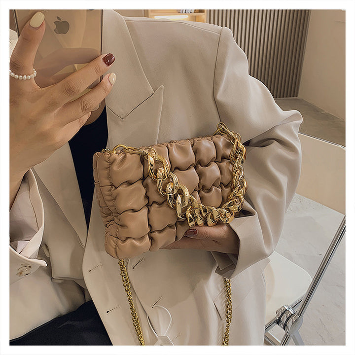 Pleated Chain Square Soft Cross Bag - Khaki