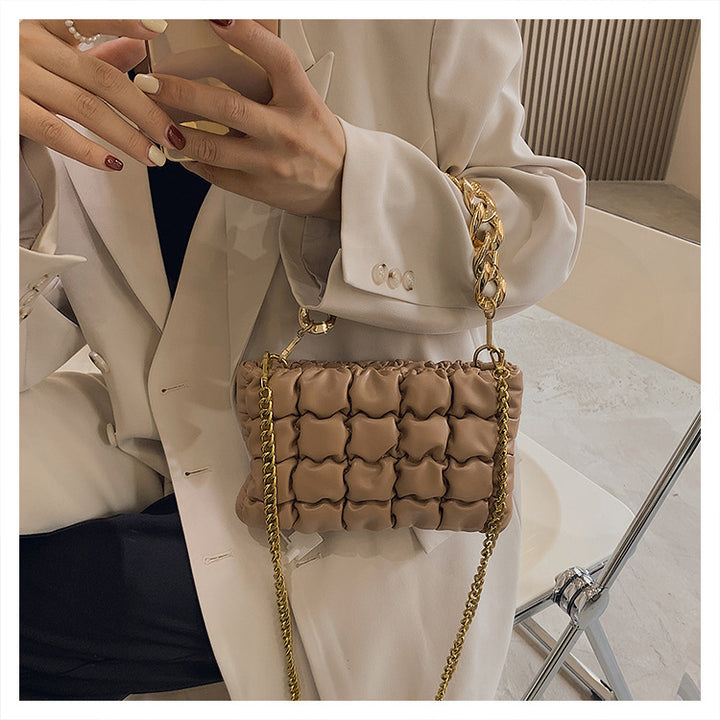 Pleated Chain Square Soft Cross Bag - Khaki