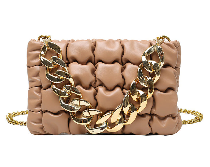 Pleated Chain Square Soft Cross Bag - Khaki