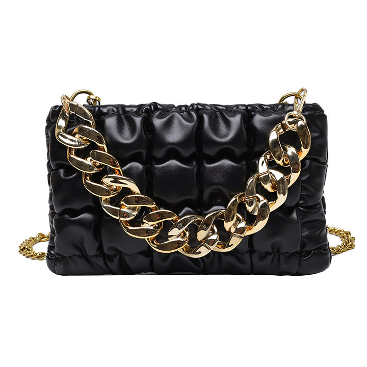 Pleated Chain Square Soft Cross Bag - Black