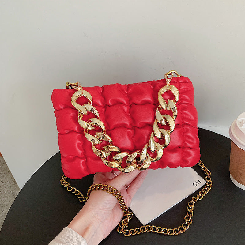 Pleated Chain Square Soft Cross Bag - Red