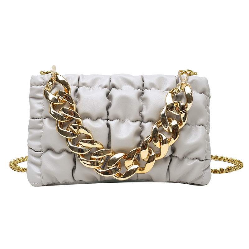 Pleated Chain Square Soft Cross Bag - Grey