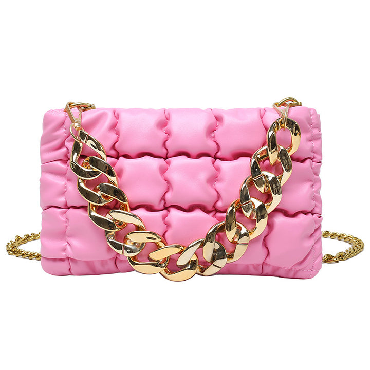 Pleated Chain Square Soft Cross Bag - HotPink