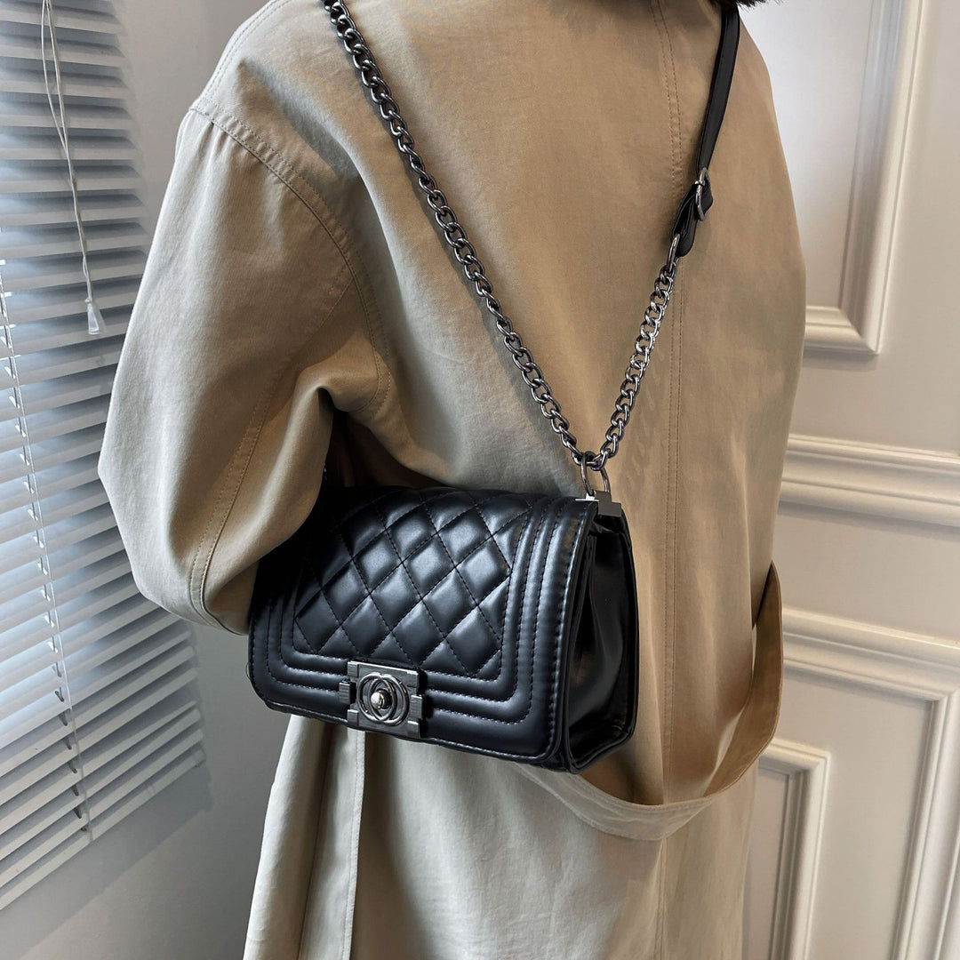 Square Pattern Chain Cross Bag - Black