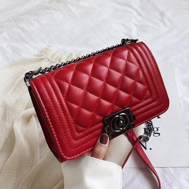 Square Pattern Chain Cross Bag - Red