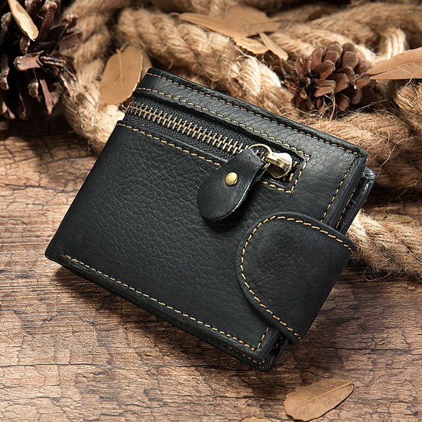 Men's Leather Zipper Wallet - Black